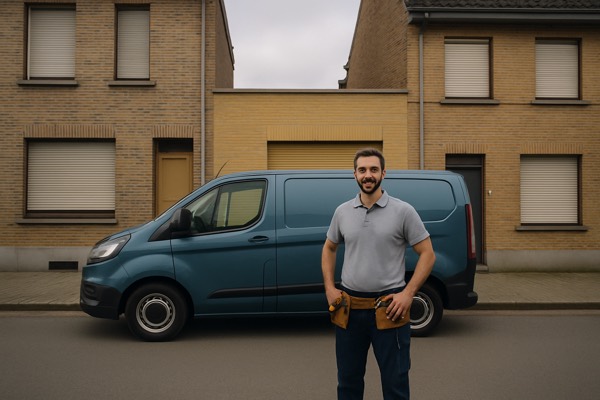 Servicewagen in een Belgische straat met rolluiken — Rolluik Victor